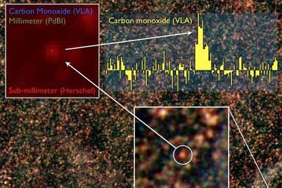 . در سمت چپ بالای تصویر نقشه تصویر کهکشان دور دست مشاهده می شود و در سمت راست بالای این تصویر طیف VLA نشان دهنده انتشار رادیویی مولکولهای مونوکسید کربن است