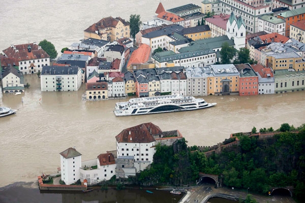 The tourist boat "Donau" (Danube) is seen on the flooded river Danube in the three-rivers city of Passau in south-eastern Bavaria June 4, 2013.