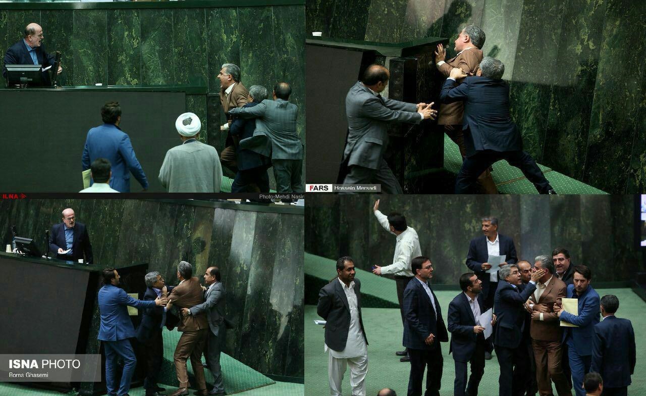 تصاویر درگیری دو نماینده در جلسه استیضاح وزیر اقتصاد | قهر و آشتی در پارلمان