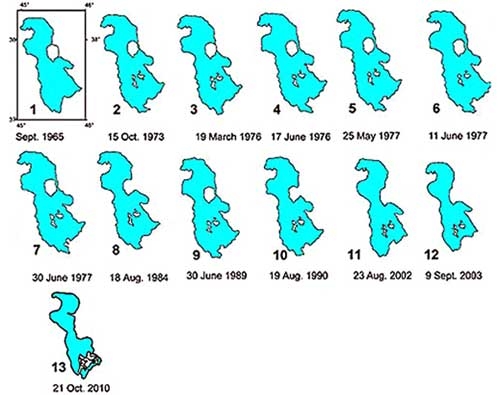 تغییرات خط ساحلی دریاچه ارومیه در نتیجه نوسان سطح تراز آب در ٤٥ سال گذشته که بر پایه عکسهای هوایی و تصاویر ماهواره‌ای تهیه شده است