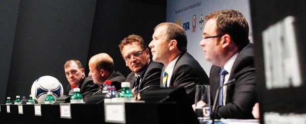 Members of the IFAB attend a news conference following an IFAB special meeting at the Home of FIFA in Zurich 