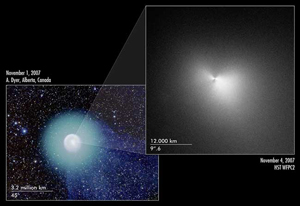 سمت چپ تصویر هولمز بوسیله بک منجم آماتور سمت راست تصویر هولمزبوسیله تلسکوپ هابل 