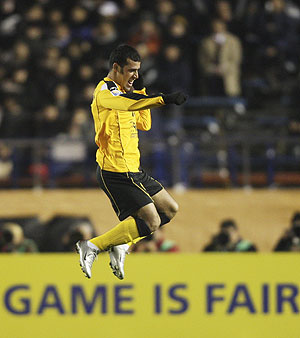 Sepahan's Emad Mohammed of Iran celebrates his second goal against Waitakere United of New Zealand 