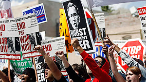 Anti-war demonstrators shouts during a rally 