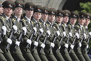 Russian soldiers march during a Victory Day Parade 