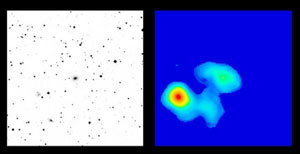 همخواری کهکشان‌ها در امواج رادیویی در راست و مرئی در چپ