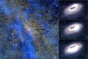 نمای فروسرخی از مرکز کهکشانی (چپ). پرتوهایی از صفحه حاوی ماده، اطراف سیاهچاله قوس 1را احاطه کرده‌اند (راست)