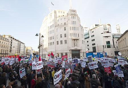 Protesters demonstrate in London, on January 24, 2009, against the BBC 