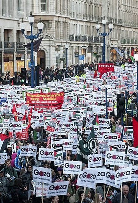 Protesters demonstrate in London, on January 24, 2009, against the BBC 