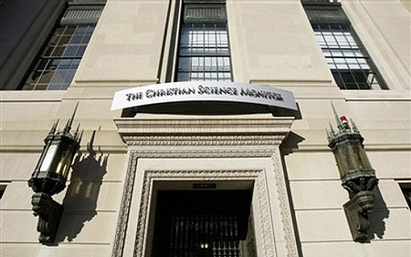 The entrance to the Christian Science Monitor building is seen in Boston Monday, Oct. 27, 2008. A century after it began publication, The Christian Science Monitor is giving up its daily print edition to focus on posting news online.
