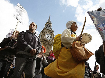 London Demonstrators - March 28, 2009. Thousands of demonstrators marched through London on Saturday to demand action on poverty, jobs and climate change at the start of a week of protests aimed at the G20 summit in the capital.