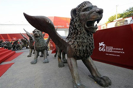 Statues of lions pictured near the red carpet entrance of the 66th Venice film festival