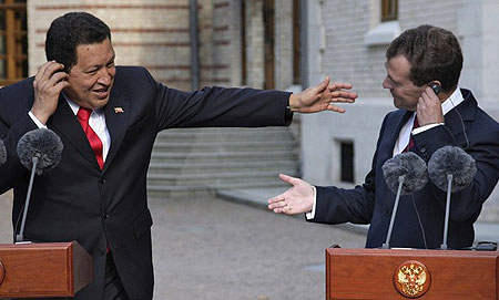 Russian President Dmitry Medvedev (R) and Venezuelan President Hugo Chavez hold a press conference after talks outside Moscow in Barvikha on September 10, 2009.
