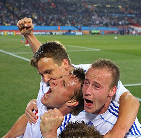 JOHANNESBURG, SOUTH AFRICA - JUNE 24: Slovakia players celebrate the second goal by Robert Vittek during the 2010 FIFA World Cup South Africa Group F match between Slovakia and Italy at Ellis Park Stadium on June 24, 2010 in Johannesburg, South Africa.